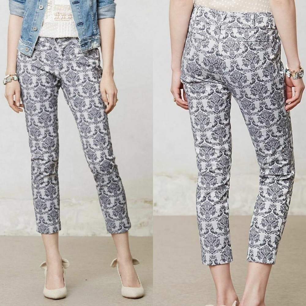 Anthropologie Cartonnier Gray Damask "Brocade Charlie Trousers"